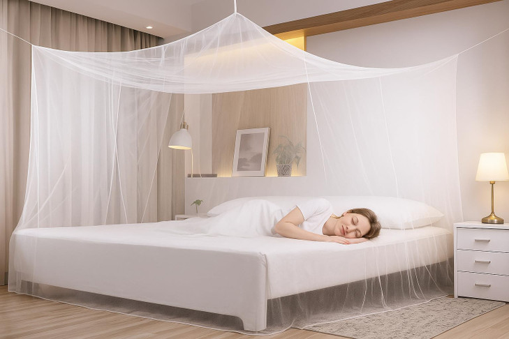 Premium Bed Mosquito Net Full Queen Size Elegant White Rectangular Canopy 360 Protection with Breathable Mesh and Easy I