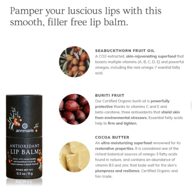 Antioxidant Lip Balm  Natural Moisturizing Lip Treatment with Cocoa Butter, Sea Buckthorn & Buriti Fruit Oil  Filler-Free Formula for Hydrated, Lum