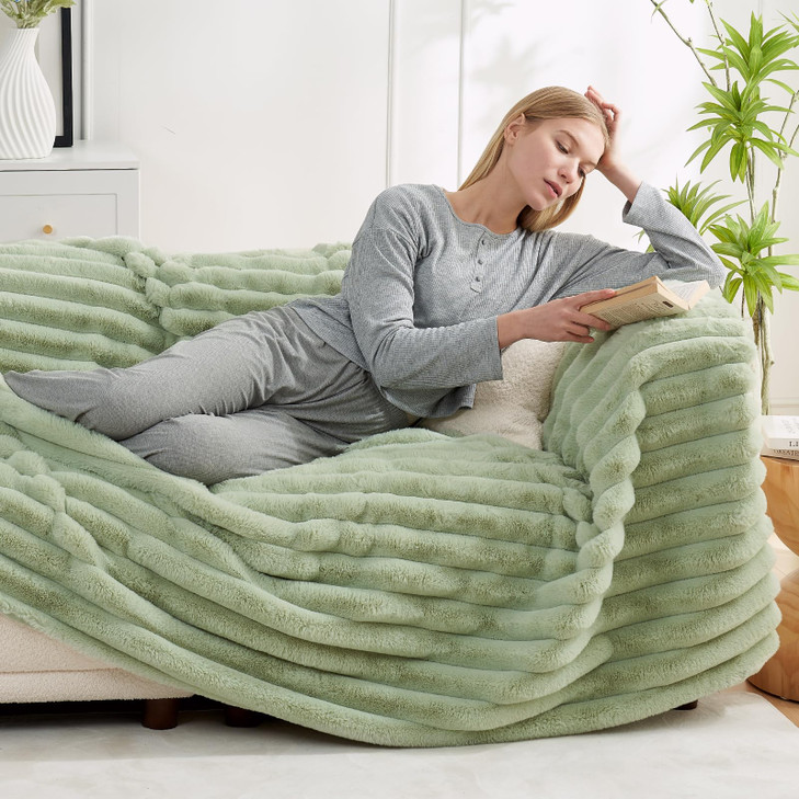 Cozy Bliss Faux Fur Throw Blanket for Couch Cozy Warm Plush Striped Blanket for Sofa Bedroom Living Room 50 60 Inches Sa