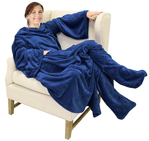 Catalonia Wearable Fleece Blanket with Sleeves and Foot Pockets for Adult Women Men Micro Plush Comfy Wrap Sleeved Throw