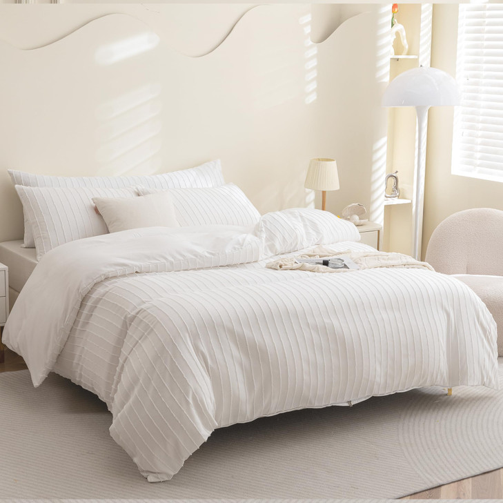 JELLYMONI Duvet Cover Queen Size White 3PCS Boho Striped Duvet Cover Set Polyester Tufted Bohemian Textured Comforter Co