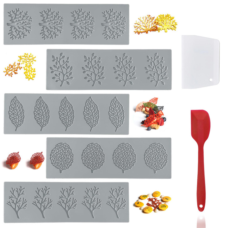 7Pcs Leaf Silicone Fondant Molds with Dough Scraper Silicone Spatula 3D Coral Branch Leaf Chocolate Molds DIY Baking Sug