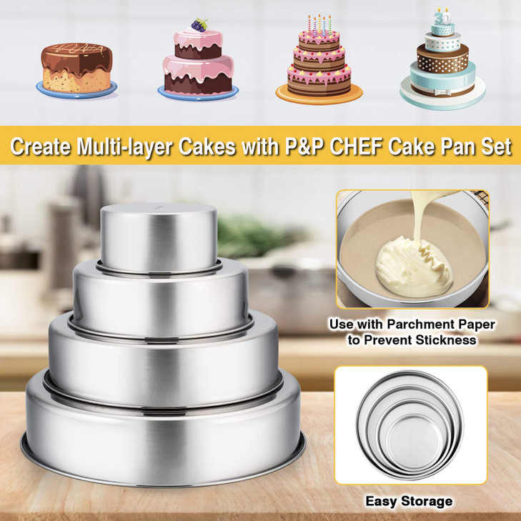 PP CHEF Cake Pans Sets for Baking 4 6 8 95 4 Piece Stainless Steel Round Cake Pans Tin OvenPotDishwasher Safe Combinatio