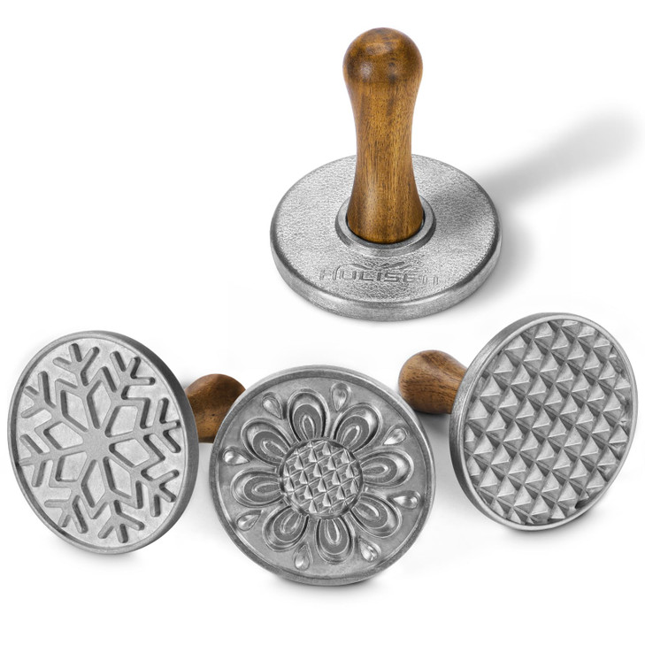 HULISEN Cookie Stamps Set of 4 Metal Cookie Press Mold with Wooden Handle Decorating Supplies for DIY Baking Cake Pastry