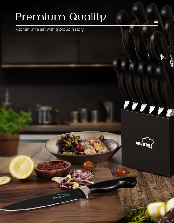 Knife Set Amorston 15 Pieces Knife Sets for Kitchen with Block Dishwasher Safe Kitchen Knife Set with Built in Sharpener
