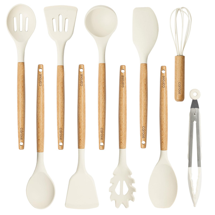 CAROTE Silicone Cooking Utensils Set Kitchen Utensils Set 10 Pcs for cooking BPA Free Spatula Set with Heat Resistant Wo