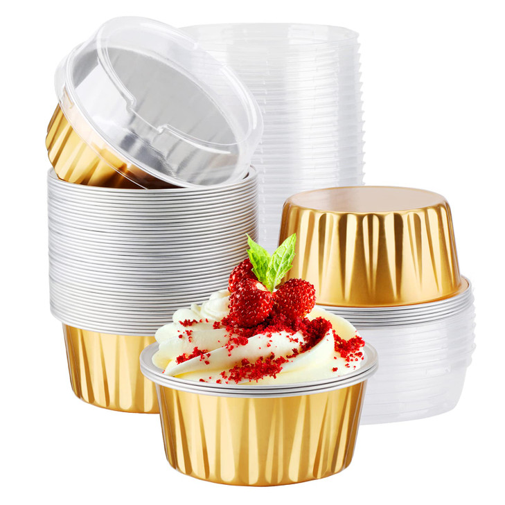 EUSOAR Disposable Ramekins Gold 50pcs 5oz Mini Aluminium Foil Baking Cups with Lids Creme Brulee Cupcake Liners Desert C
