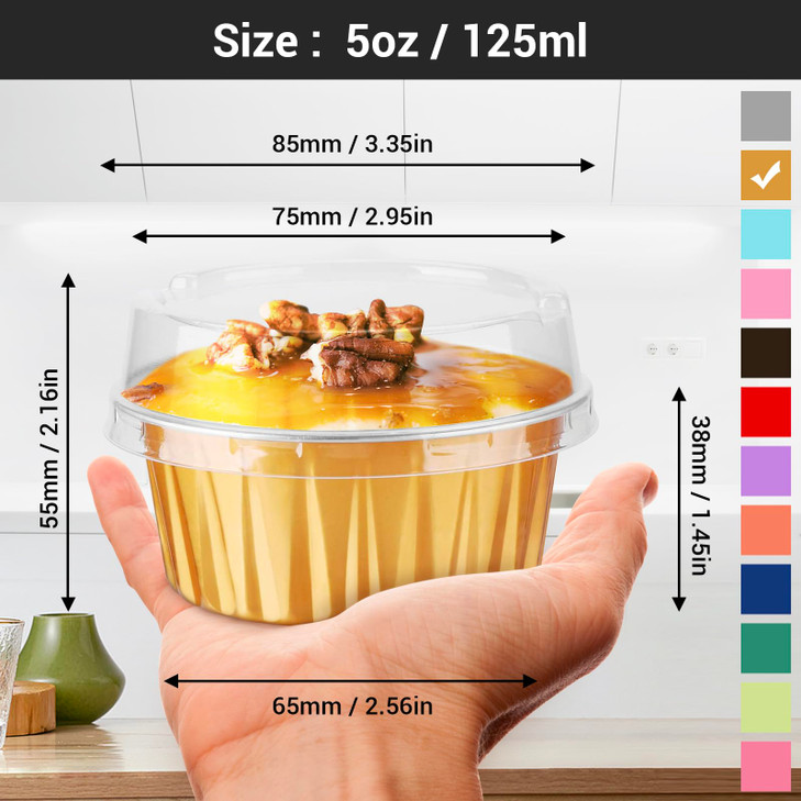 EUSOAR Disposable Ramekins Gold 50pcs 5oz Mini Aluminium Foil Baking Cups with Lids Creme Brulee Cupcake Liners Desert C