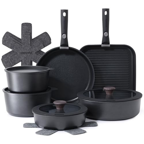 SENSARTE 17 Piece Pots and Pans Set Nonstick Detachable Handle Cookware Set Induction Kitchen Cookware Set with Removabl