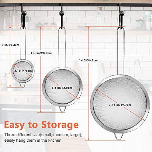 3Pcs Super Wire Extra Fine Mesh Strainer with Handle Small Medium Large Size Sifter Metal Strainer Set Stainless Steel S