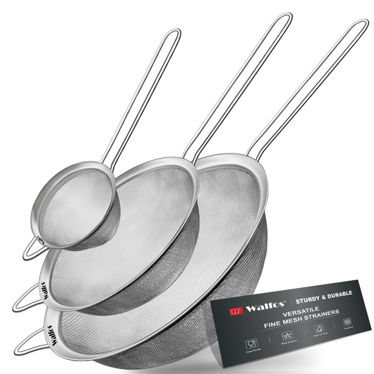 Walfos Fine Mesh Strainer Set of 3 Stainless Steel Wire Strainers for Kitchen Multipurpose Metal Fine Sieve with Handle