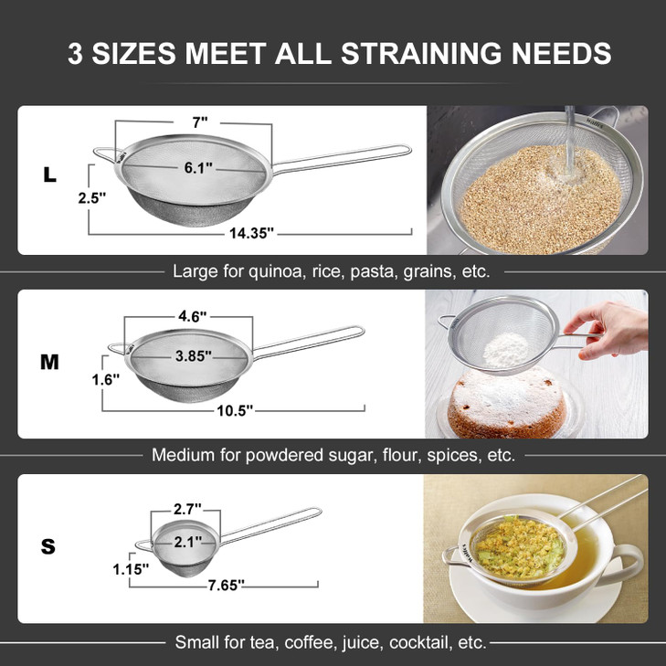 Walfos Fine Mesh Strainer Set of 3 Stainless Steel Wire Strainers for Kitchen Multipurpose Metal Fine Sieve with Handle