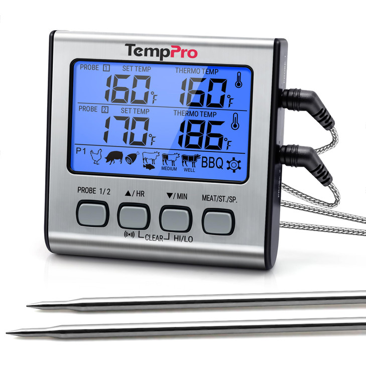TempPro TP17 Dual Probe Digital Cooking Meat Thermometer Large LCD Backlight Food Grill Thermometer with Timer Mode for