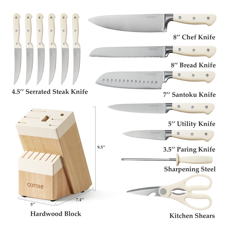 CAROTE 14 Pieces Knife Set with Block Forged High Carbon Stainless Steel Sharp Blade Block Knife Set Dishwasher Safe Cut