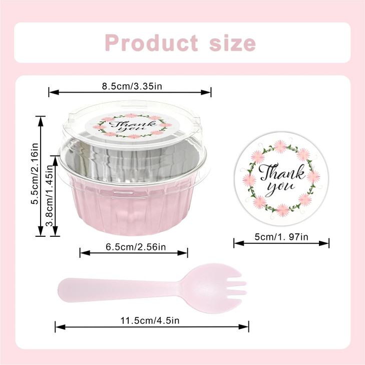 100 PCS Aluminium Foil Baking Cups Mini Cake Pans with Lids and 100 PCS Spoons 5 oz Disposable Baking Cups Foil Ramekins