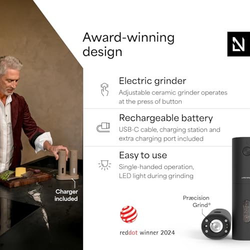 LARS NYSM Electric Salt and Pepper Grinder Set USB Rechargeable Automatic Salt and Pepper Mills Spice Shakers Refillable