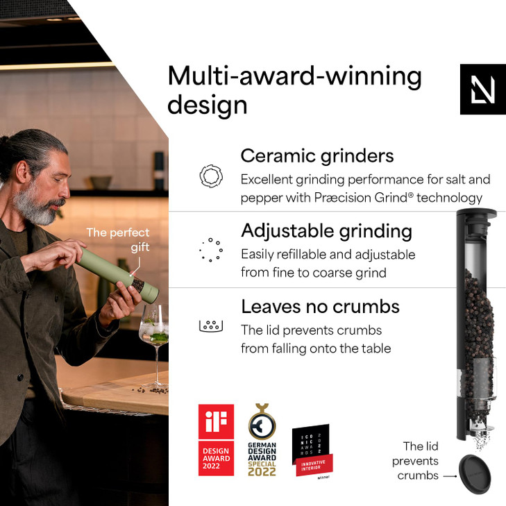 LARS NYSM Salt Pepper Mill Manual with adjustable ceramic grinder from coarse to fine I Design Spice Mill Carbon Black