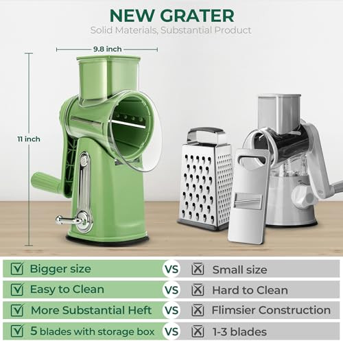 SUSTEAS Rotary Cheese Grater with Handle Vegetable Shredder with 5 Welldesigned Blades Strong Suction BaseRound Mandolin