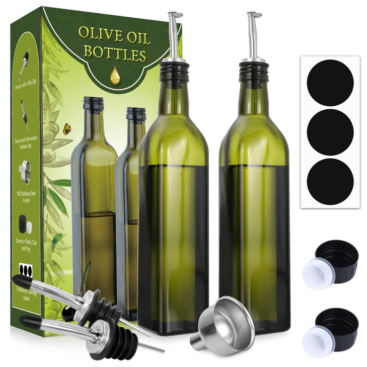 AOZITA 2 PACK 17 oz Glass Olive Oil Dispenser Bottle Set 500ml Dark Green Oil Vinegar Cruet Bottle with Pourers Funnel a