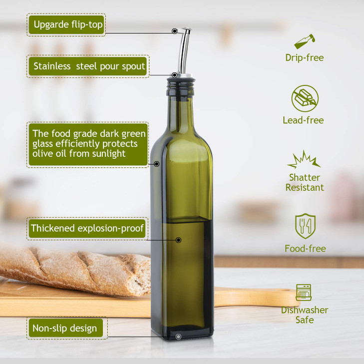AOZITA 2 PACK 17 oz Glass Olive Oil Dispenser Bottle Set 500ml Dark Green Oil Vinegar Cruet Bottle with Pourers Funnel a