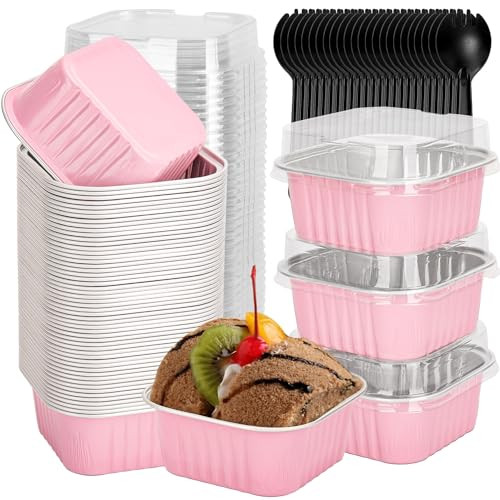 selizo 60 Pack 5oz Mini Disposable Cake Pans with Lids Aluminum Foil Square Baking Cups 35x35 Small Baking Cake Tins Cup