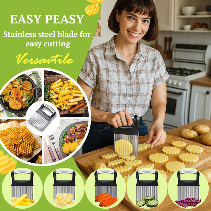 FANTEXY Crinkle Cutter for Veggies Stainless Steel French Fry Cutter for Potatoes Cucumbers Carrots Wavy Chopper Waffle