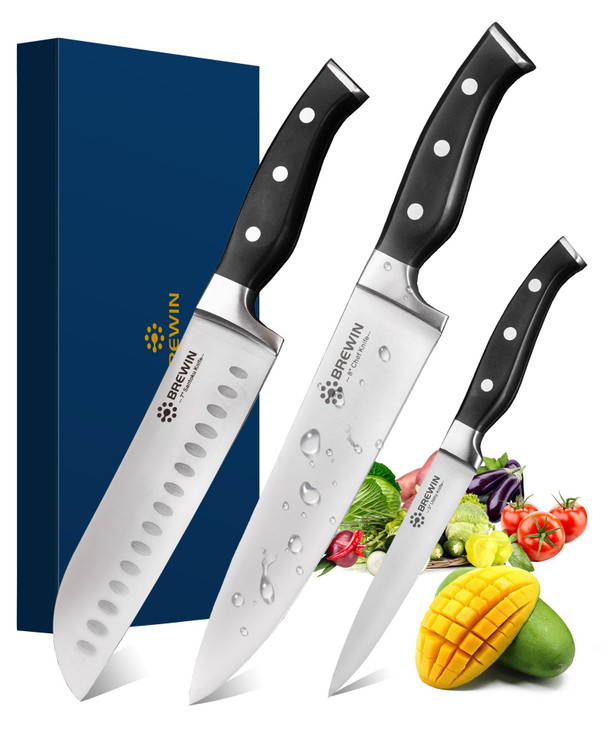 Brewin Professional Kitchen Knives 3PC Chef Knife Set Sharp Knives for Kitchen High Carbon Stainless Steel Japanese Cook