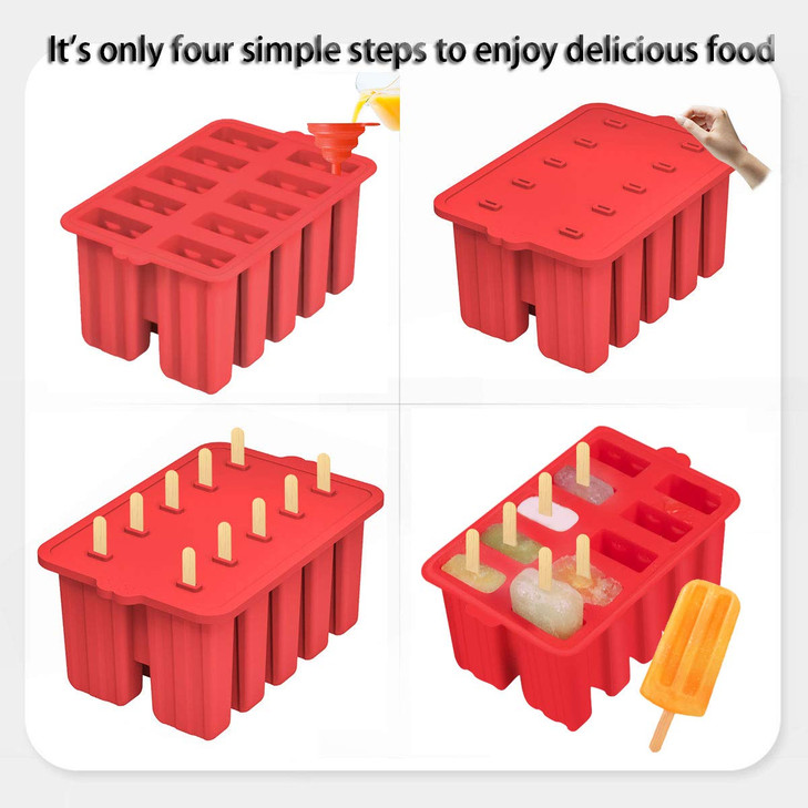 Azonbey Silicone Popsicle Molds 10 Cavity BPAFree Red Cone Shaped Food Preparation Molds with Sticks and Funnel