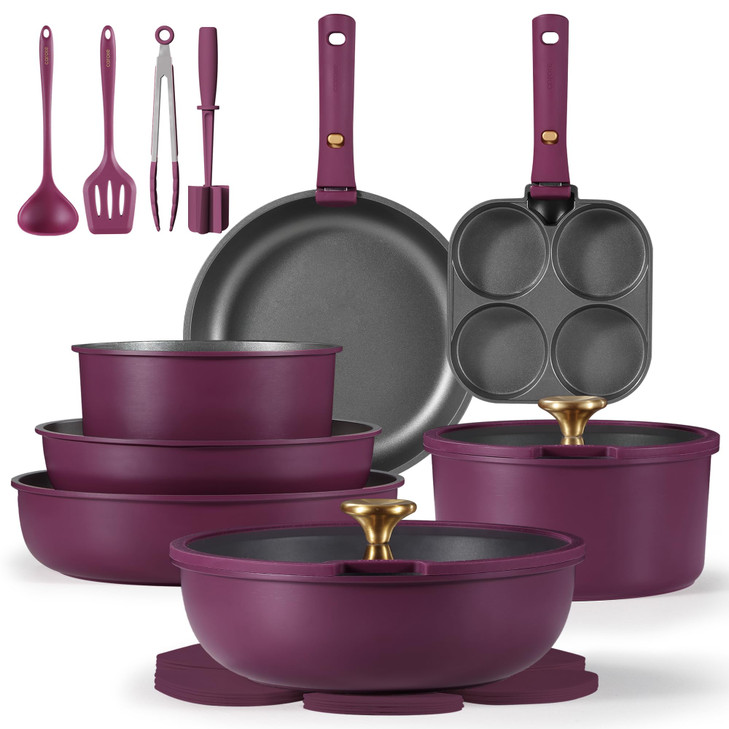 CAROTE 21pcs Pots and Pans Set Nonstick Cookware Set Detachable Handle Induction Kitchen Cookware Sets Non Stick with Re