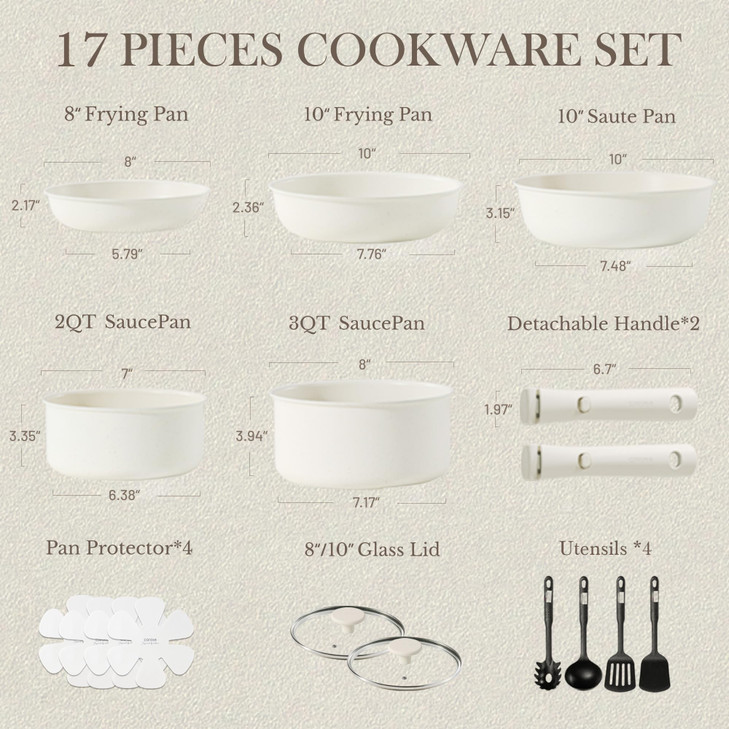 CAROTE 17pcs Pots and Pans Set Nonstick Cookware Set Detachable Handle Induction Kitchen Cookware Sets Non Stick with Re