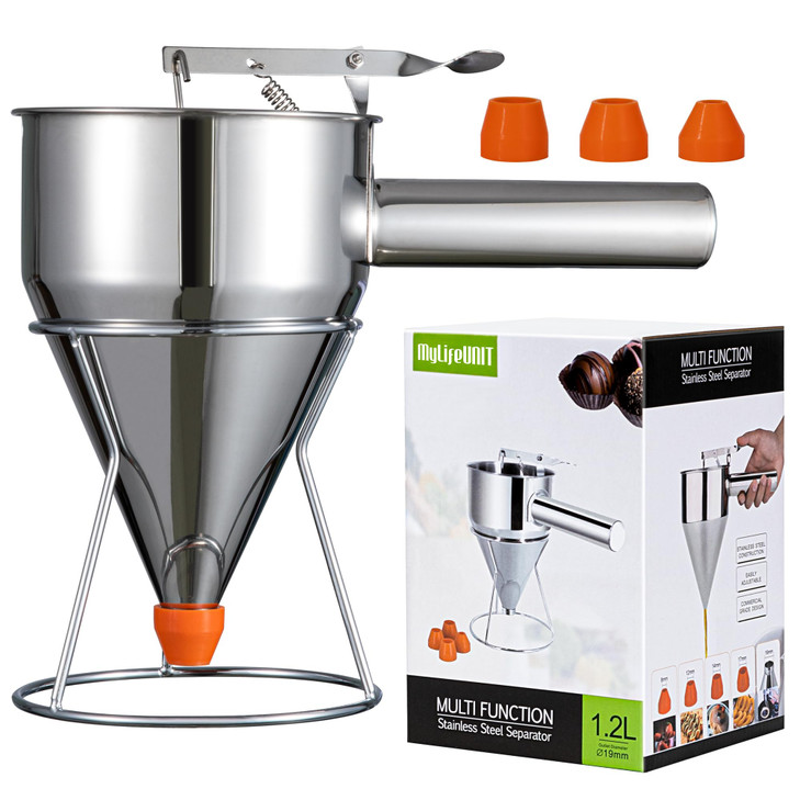 MyLifeUNIT Pancake Batter Dispenser 40oz MultiCaliber Stainless Steel Funnel Cake Dispenser with Stand Great for Pancake