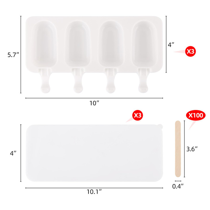 3 Set Popsicles Molds with Lids and 100 Pcs Wooden Popsicles Sticks Standard Size 4 Cavities Silicone Ice Pop Molds for