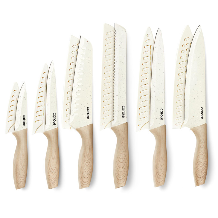 CAROTE 12PCS Knife set with Blade GuardsGranite Nonstick Ceramic CoatingStainless Steel blade Wood Grain Handle Essentia