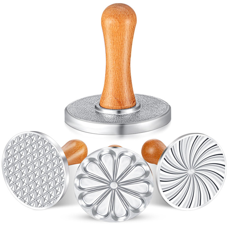 Wenqik 3 Pcs Cookie Stamps Round Christmas Metal Cookie Press Cutter Mold with Wooden Handle Baking Embossing Stamp Mold