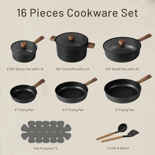 CAROTE Nonstick Pots and Pans Induction Titanium Cookware Set 16pcs Kitchen Cooking Sets Pot and Pan Non Stick wFrying p