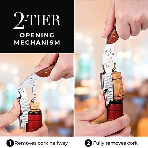 Zulay Kitchen Corkscrew Wine Opener Premium 420 Stainless Steel Rosewood Wine Bottle Opener Double Hinged Opener with Fo
