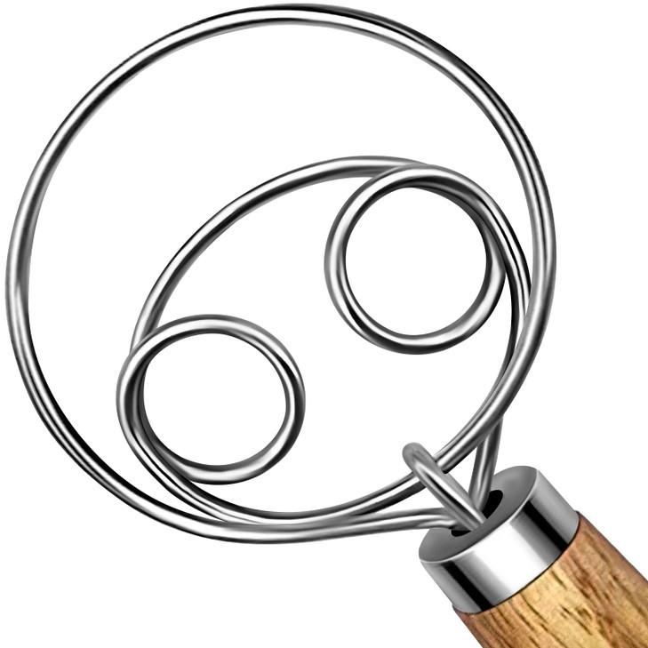 TEEVEA Danish Dough Whisk Stainless Steel Dough Hook Dutch Whisk for Sourdough Bread Dough Mixer Hand Wooden Handle Kitc