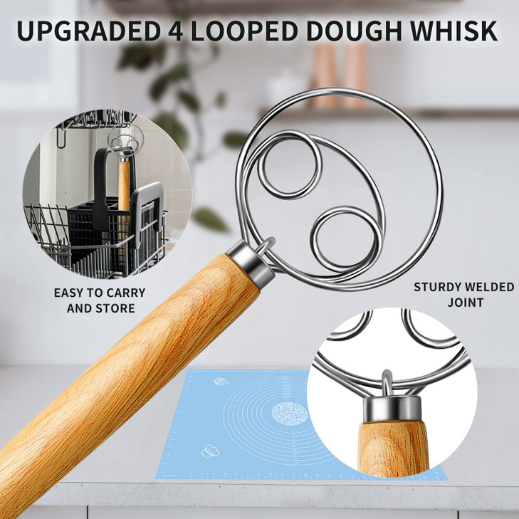 TEEVEA Danish Dough Whisk Stainless Steel Dough Hook Dutch Whisk for Sourdough Bread Dough Mixer Hand Wooden Handle Kitc