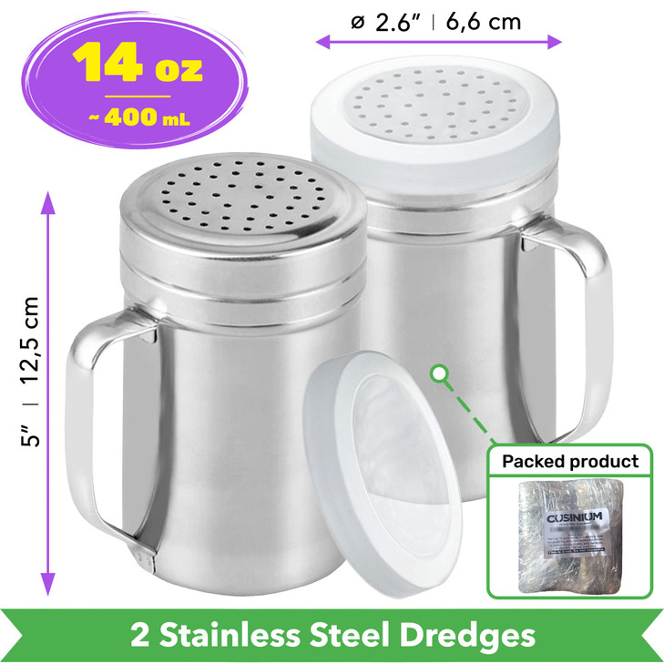 CUSINIUM Large Metal Salt Pepper Cooking Dredge Shakers With Handle Seasonings Spice Shakers With Holes and Lids 14 Ounc