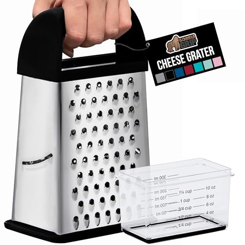 GORILLA GRIP XL 4Sided Cheese Grater With Container 100 BPAFree Stainless Steel Box Graters Parmesan Shredder Grate Chee