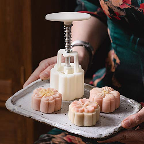 Ylskmu Moon Cake Mold Set 4pcs 50g Cookie Stamps Cherry Blossom Floral Mid Autumn Festival DIY Hand Press Cookie Dessert