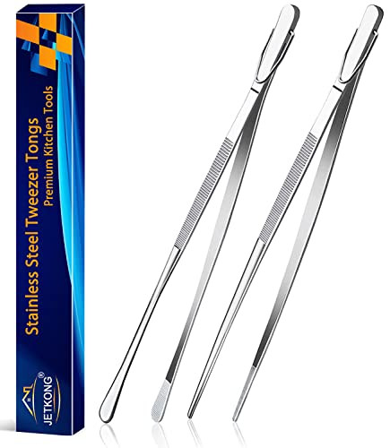 JETKONG 2 Pcs 12Inch Kitchen Tweezers Fine Tweezer Tongs ExtraLong Stainless Steel Cooking Tweezers Silver