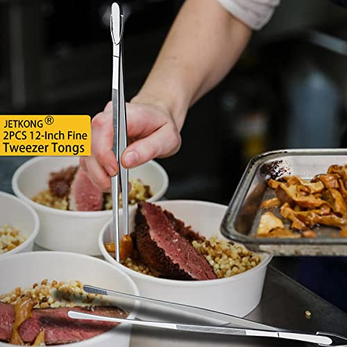 JETKONG 2 Pcs 12Inch Kitchen Tweezers Fine Tweezer Tongs ExtraLong Stainless Steel Cooking Tweezers Silver