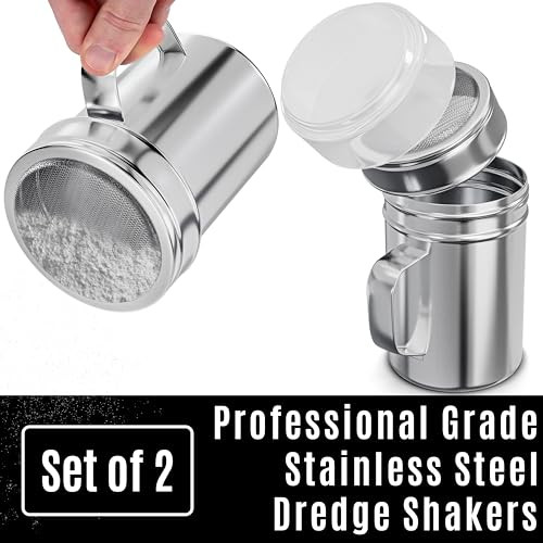 CUSINIUM 10 Ounce Powdered Sugar Shaker Duster With Handle Fine Mesh With Plastic Cap Pack of 2