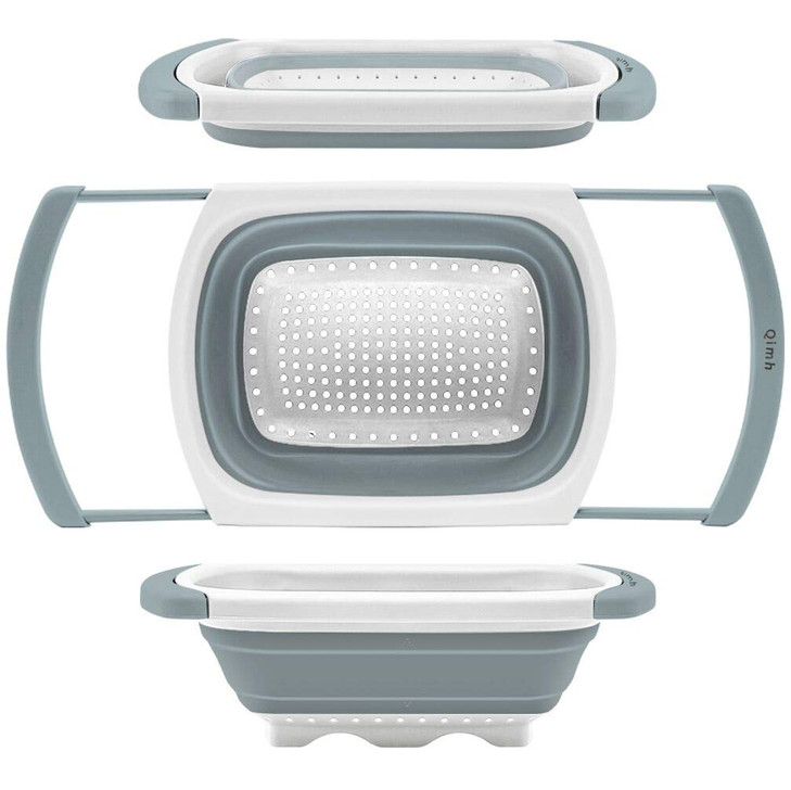 Qimh Collapsible Colander Over The Sink Silicone Kitchen Strainers and Colanders with Extendable Handles Veggies Fruit a