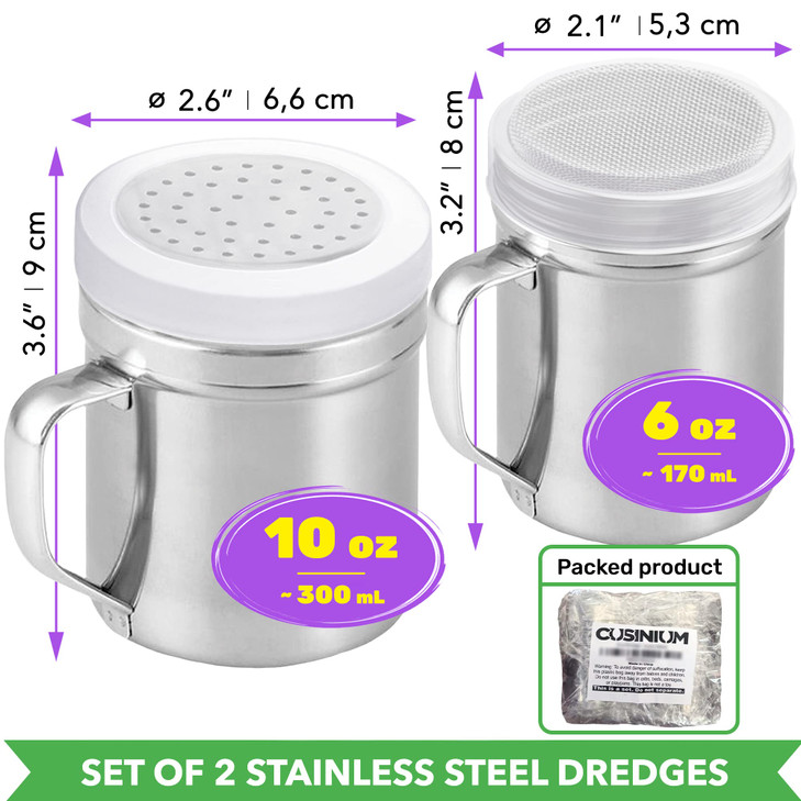 CUSINIUM 6oz Fine Mesh 10oz Medium Holes Dredges With Lids With Handles Flour Shaker Duster Set Confection Sugar Shakers