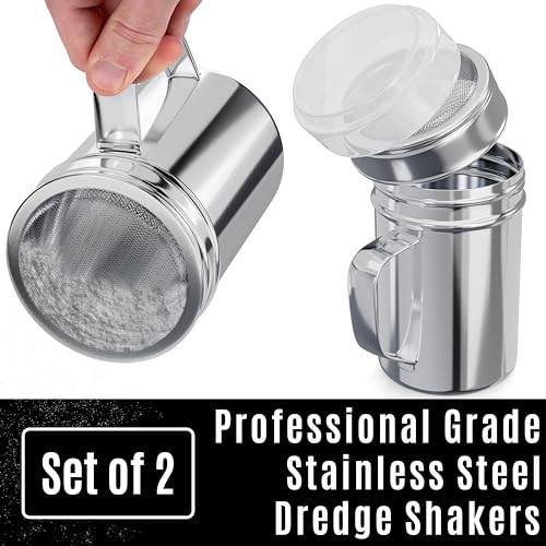 CUSINIUM 14 Ounce Powdered Sugar Shaker Duster With Handle Fine Mesh With Plastic Cap Pack of 2