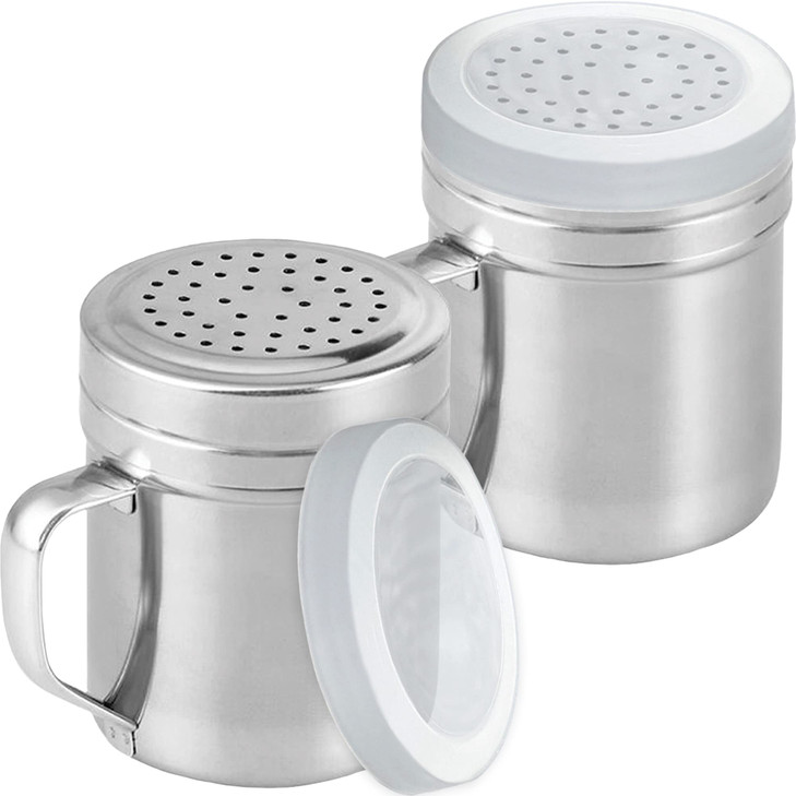 CUSINIUM Metal Salt Pepper Dredge Shakers With Handle Seasonings Spice Shakers With Holes and Lids 10 Ounce 2pcs Style M