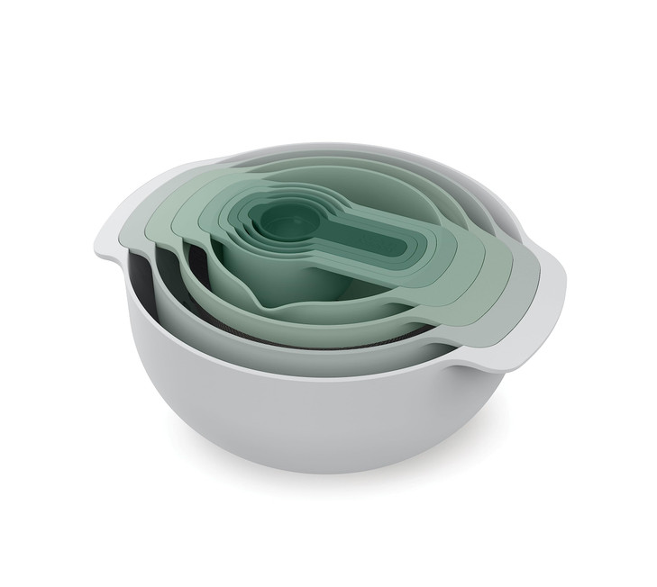 Joseph Joseph Nest 9 Plus 9 Piece Compact Food Preparation Set with Mixing Bowls Measuring cups Sieve and Colander Editi