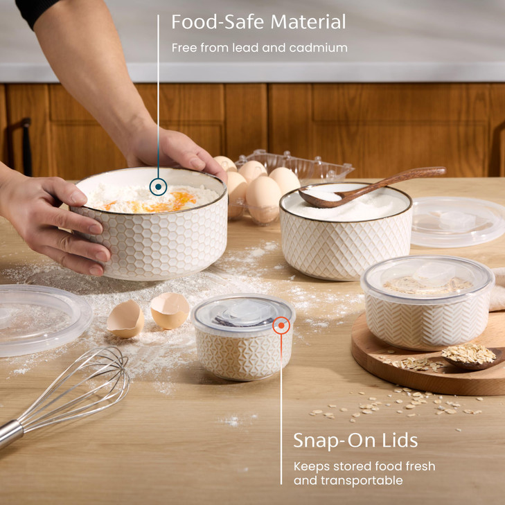 KooK Serving Bowls with Lids Ceramic Nesting Bowls Set of 4 Embossed Kitchen Prep Stackable Gift Microwave and Dishwashe